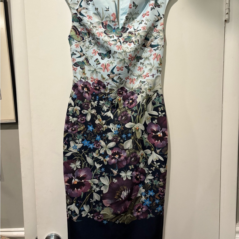 Ted Baker Pink and Purple Sheath Midi Dress V-Neck Sleeveless